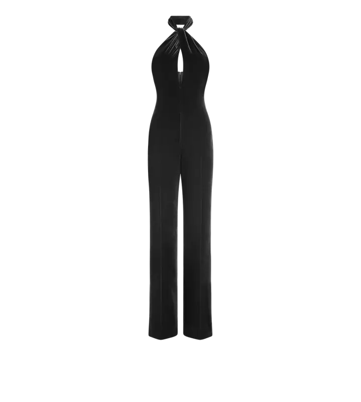 HALTERNECK TWIST FRONT VELVET JUMPSUIT BLACK online